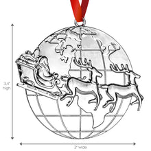 Load image into Gallery viewer, Santa Christmas Ornament - Silver Christmas Ornament - Santa Ornament - Santa Reindeer and Sleigh - Santa Ride Around The Globe - Silver Ornament with Red Ribbon and Gift Box By Klikel