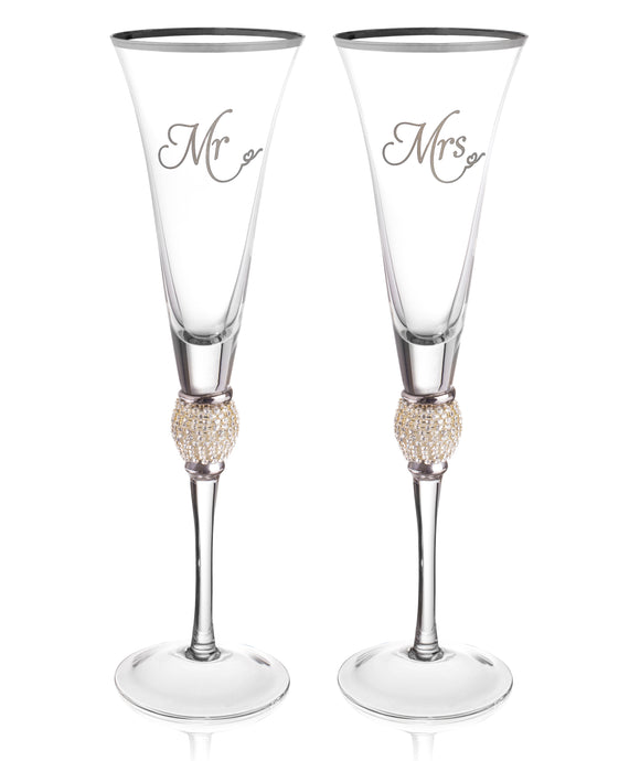 Wedding Champagne Flute - Mr and Mrs Champagne Flute With Silver Rim - Wedding Gift for Couple - Rhinestone Studded Bride and Groom Champagne Glass - Bride Gift - Mr and Mrs Gift Set of 2 By Trinkware