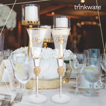 Load image into Gallery viewer, Wedding Champagne Flute - Mr and Mrs Champagne Flute With Gold Rim - Wedding Gift for Couple - Rhinestone Studded Bride and Groom Champagne Glass - Bride Gift - Mr and Mrs Gift Set of 2 By Trinkware