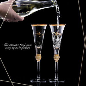 Wedding Champagne Flute - Mr and Mrs Champagne Flute With Gold Rim - Wedding Gift for Couple - Rhinestone Studded Bride and Groom Champagne Glass - Bride Gift - Mr and Mrs Gift Set of 2 By Trinkware