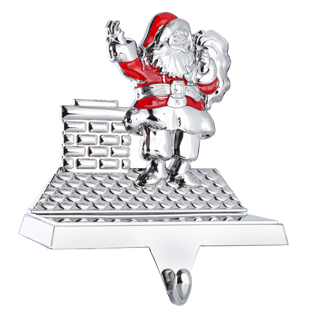 Stocking Holder - Christmas Santa Stocking Hanger for Mantel - Shiny Silver Metal Santa On Chimney Christmas Stocking Holder for Fireplace Mantle - Heavy Stocking Holder for Mantle with Hook By Klikel