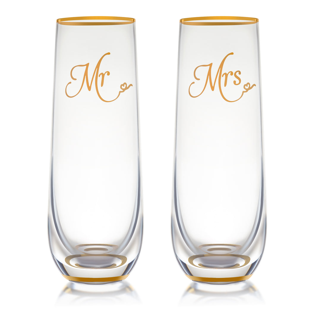 Stemless Wedding Champagne Flute - Mr And Mrs Champagne Flutes With Gold Rim & Base - Wedding Gift for Bride And Groom Champagne Glass - Bride Gift - Mr And Mrs Gift Set of 2 By Trinkware