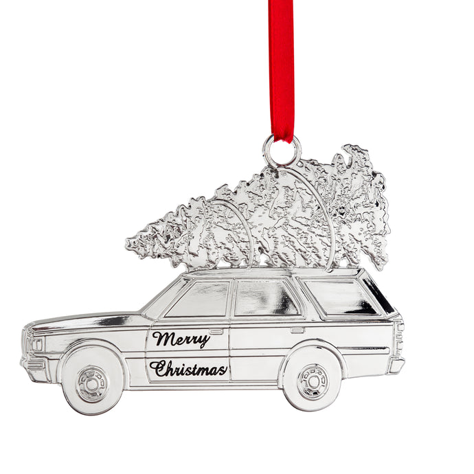 Christmas Ornament - Silver Christmas Ornament - Metal Christmas Tree Station Wagon Ornament for Christmas tree - Christmas Ornament Engraved Merry Christmas - Silver Ornament with Gift Box By Klikel