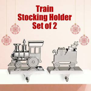 Train Stocking Holder Set of 2 - Christmas Train Stocking Hanger for Mantel - Shiny Silver Metal Christmas Stocking Holder for Fireplace Mantle - Heavy Stocking Holder for Mantle with Hook By Klikel