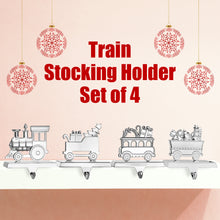 Load image into Gallery viewer, Stocking Holder Set of 4 - Christmas Train Stocking Hanger for Mantel - Shiny Silver Metal Christmas Stocking Holder for Fireplace Mantle - Heavy Stocking Holder for Mantle with Hook By Klikel