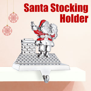 Stocking Holder - Christmas Santa Stocking Hanger for Mantel - Shiny Silver Metal Santa On Chimney Christmas Stocking Holder for Fireplace Mantle - Heavy Stocking Holder for Mantle with Hook By Klikel