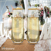 Load image into Gallery viewer, Stemless Wedding Champagne Flute - Mr And Mrs Champagne Flutes With Gold Rim &amp; Base - Wedding Gift for Bride And Groom Champagne Glass - Bride Gift - Mr And Mrs Gift Set of 2 By Trinkware