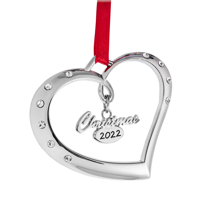 Klikel Christmas Ornament 2022  - Silver Heart 2022 Christmas Ornament - Christmas Ornament Heart With Crystals - Beautiful Christmas Ornament - Dated Ornament 2022 - 2022 Ornament For Christmas Tree