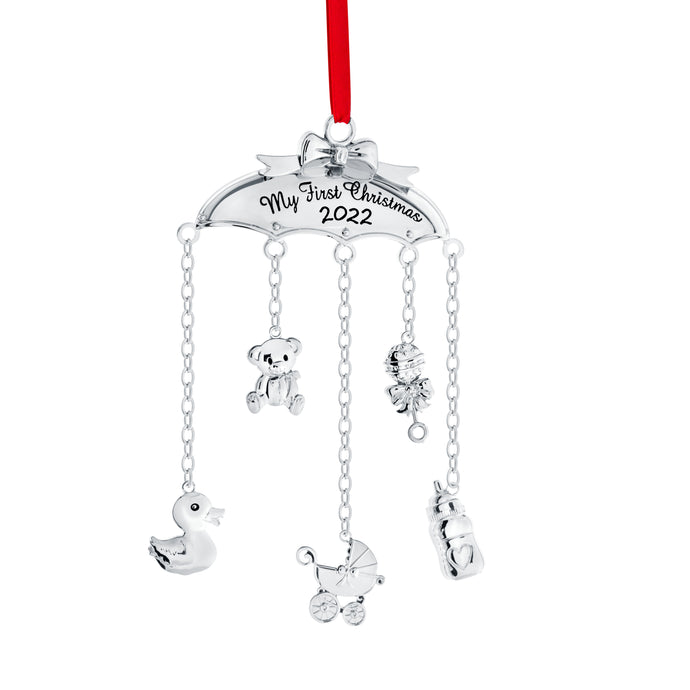 Klikel My First Christmas Ornament 2022 Baby Mobile - Baby First Christmas Ornament 2022 - 1st Christmas Baby Ornament 2022 - Silver Babies First Christmas Ornament Mobile with Hanging  Charms