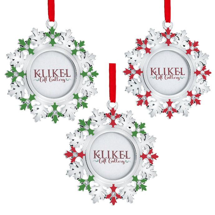 Klikel Christmas Photo Ornament - Snowflake Photo Frame Silver Christmas Ornament - Set of 3 Snowflake Picture Ornament for Christmas Tree - Red and Green Snowflake Picture Frame Ornament for Tree