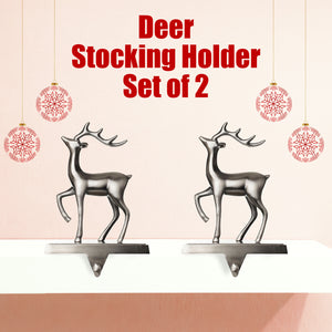 Stocking Holder Set of 2 - Christmas Reindeer Stocking Hanger for Mantel - Shiny Silver Metal Deer Christmas Stocking Holder for Fireplace Mantle - Heavy Stocking Holder for Mantle -Facing Left