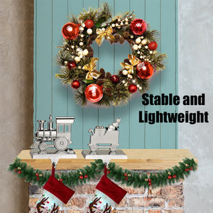 Train Stocking Holder Set of 2 - Christmas Train Stocking Hanger for Mantel - Shiny Silver Metal Christmas Stocking Holder for Fireplace Mantle - Heavy Stocking Holder for Mantle with Hook By Klikel