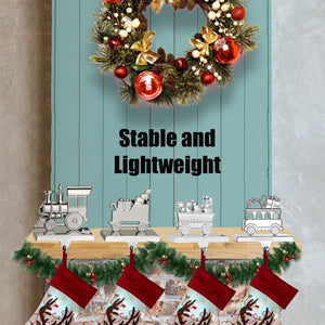 Stocking Holder Set of 4 - Christmas Train Stocking Hanger for Mantel - Shiny Silver Metal Christmas Stocking Holder for Fireplace Mantle - Heavy Stocking Holder for Mantle with Hook By Klikel