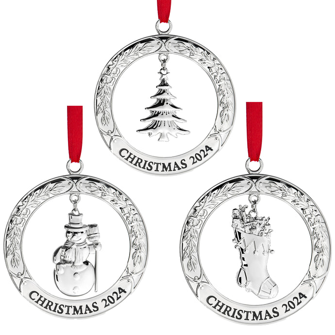 Klikel Christmas Ornament 2024 Set of 3 - Silver Wreath Design Ornament with Hanging Pendants of a Tree, Snowman, and stocking - 2024 Christmas Ornament Engraved ‘Christmas 2024’ with Classy Gift Box