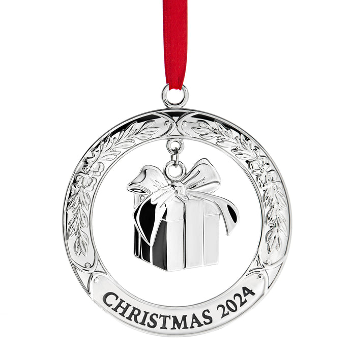 Klikel Christmas Ornament 2024 - Shiny Silver Christmas Ornament 2024 Wreath with Gift Box - Dated 2024 Christmas Ornament - 2024 Ornament for Christmas Tree - Gift Box Ornament for Holidays 2024