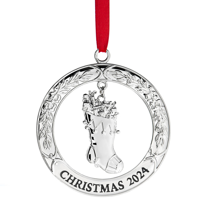 Klikel Christmas Ornament 2024 - Shiny Silver Christmas Ornament 2024 wreath with Stocking - Dated 2024 Christmas Ornament - 2024 Ornament for Christmas Tree - Stocking Ornament for Holidays 2024