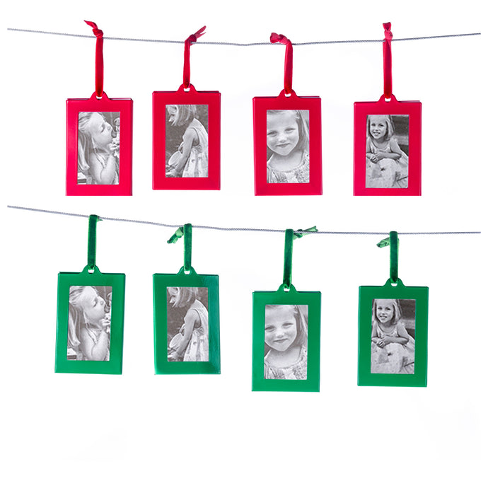 Christmas Photo Ornament Frames - Red & Green Mini Picture Frames - Set of 8 - Small Holiday Frames for Gifts or Hanging on Christmas Trees