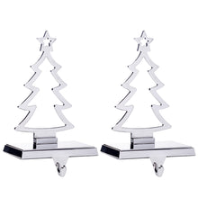 Load image into Gallery viewer, Stocking Holder Set of 2 - Christmas Tree Stocking Hanger for Mantel - Shiny Silver Metal Christmas Stocking Holder for Fireplace Mantle - Heavy Stocking Holder for Mantle with Hook