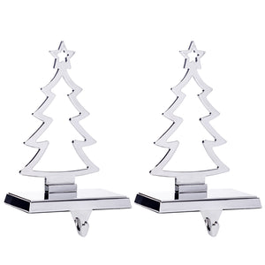 Stocking Holder Set of 2 - Christmas Tree Stocking Hanger for Mantel - Shiny Silver Metal Christmas Stocking Holder for Fireplace Mantle - Heavy Stocking Holder for Mantle with Hook