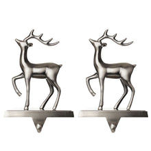 Load image into Gallery viewer, Stocking Holder Set of 2 - Christmas Reindeer Stocking Hanger for Mantel - Shiny Silver Metal Deer Christmas Stocking Holder for Fireplace Mantle - Heavy Stocking Holder for Mantle -Facing Left