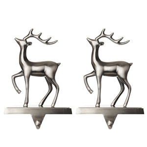 Stocking Holder Set of 2 - Christmas Reindeer Stocking Hanger for Mantel - Shiny Silver Metal Deer Christmas Stocking Holder for Fireplace Mantle - Heavy Stocking Holder for Mantle -Facing Left