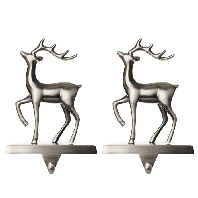 Stocking Holder Set of 2 - Christmas Reindeer Stocking Hanger for Mantel - Shiny Silver Metal Deer Christmas Stocking Holder for Fireplace Mantle - Heavy Stocking Holder for Mantle -Facing Left