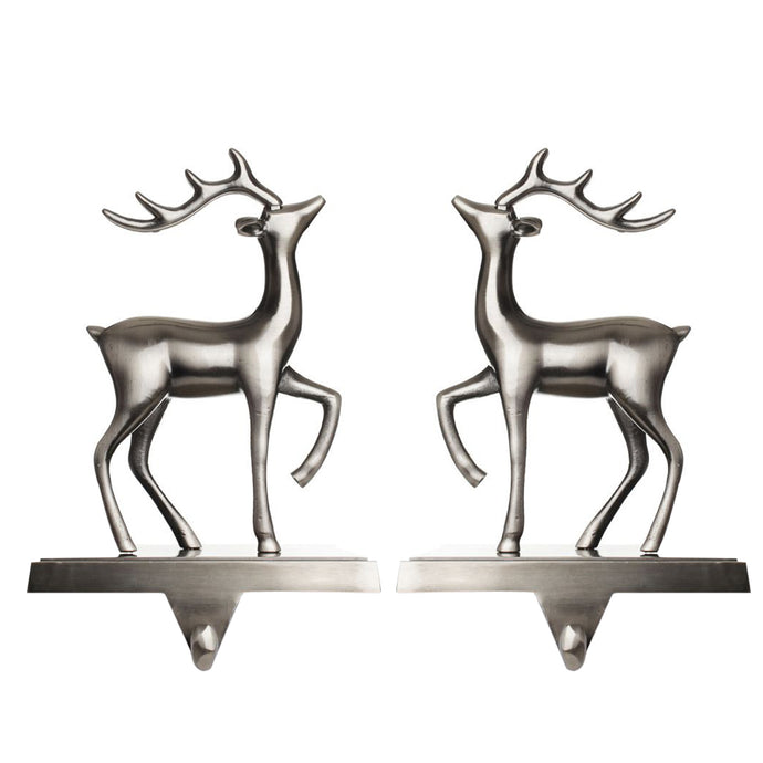 Stocking Holder Set of 2 - Christmas Reindeer Stocking Hanger for Mantel - Shiny Silver Metal Deer Christmas Stocking Holder for Fireplace Mantle - Heavy Stocking Holder for Mantle with Hook