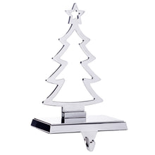 Load image into Gallery viewer, Stocking Holder - Christmas Tree Stocking Hanger for Mantel - Shiny Silver Metal Christmas Stocking Holder for Fireplace Mantle - Heavy Stocking Holder for Mantle with Hook - Holds 3lbs