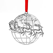 Load image into Gallery viewer, Santa Christmas Ornament - Silver Christmas Ornament - Santa Ornament - Santa Reindeer and Sleigh - Santa Ride Around The Globe - Silver Ornament with Red Ribbon and Gift Box By Klikel