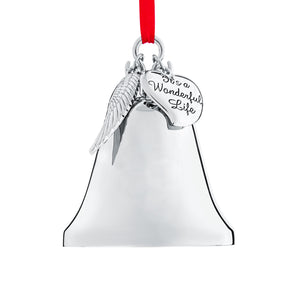 Christmas Bell Ornament - Shiny Silver Christmas Ornament - Ornament with Angel Wing and Heart Charms - It's A Wonderful Life Bell Ornament for Christmas Tree - Silver Bell with Gift Box by Klikel