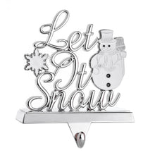 Load image into Gallery viewer, Stocking Holder - Let It Snow Christmas Stocking Hanger for Mantel - Metal Christmas Stocking Holder for Fireplace Mantle - Heavy Stocking Holder for Mantle with White Snowflake and Snowman