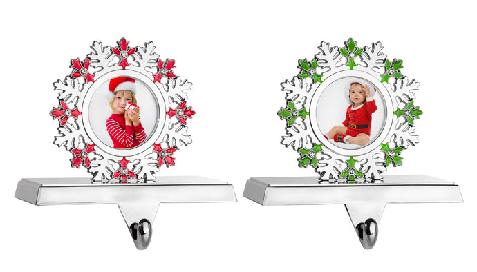 Stocking Holder Set of 2 - Snowflake Christmas Stocking Hanger for Mantel - Photo Frame Christmas Stocking Holder for Fireplace Mantle - Picture Frame Heavy Stocking Holder for Mantle with Hook