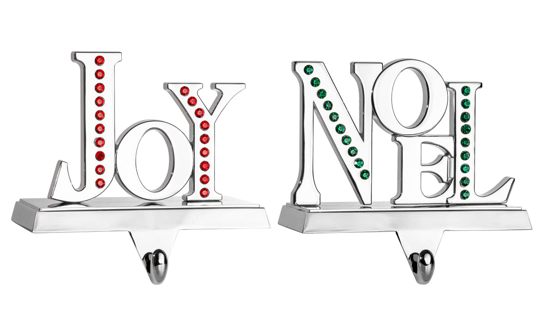 Stocking Holder Set of 2 - Joy Noel Christmas Stocking Hanger for Mantel - Shiny Silver Metal Christmas Stocking Holder for Fireplace Mantle - Heavy Stocking Holder for Mantle with Hook