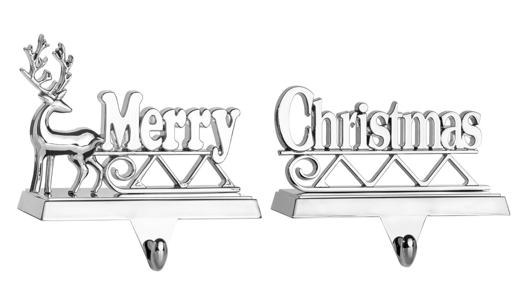 Stocking Holder Set of 2 - Marry Christmas Reindeer Stocking Hanger for Mantel - Shiny Silver Metal Deer Marry Christmas Stocking Holder for Fireplace Mantle - Heavy Stocking Holder for Mantle