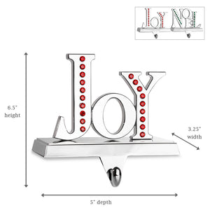 Stocking Holder Set of 2 - Joy Noel Christmas Stocking Hanger for Mantel - Shiny Silver Metal Christmas Stocking Holder for Fireplace Mantle - Heavy Stocking Holder for Mantle with Hook