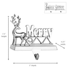 Load image into Gallery viewer, Stocking Holder Set of 2 - Marry Christmas Reindeer Stocking Hanger for Mantel - Shiny Silver Metal Deer Marry Christmas Stocking Holder for Fireplace Mantle - Heavy Stocking Holder for Mantle