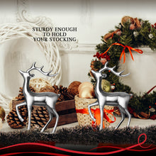 Load image into Gallery viewer, Stocking Holder Set of 2 - Christmas Reindeer Stocking Hanger for Mantel - Shiny Silver Metal Deer Christmas Stocking Holder for Fireplace Mantle - Heavy Stocking Holder for Mantle -Facing Left