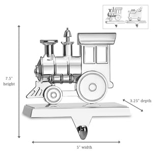 Train Stocking Holder Set of 2 - Christmas Train Stocking Hanger for Mantel - Shiny Silver Metal Christmas Stocking Holder for Fireplace Mantle - Heavy Stocking Holder for Mantle with Hook By Klikel