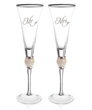 Load image into Gallery viewer, Wedding Champagne Flute - Mr and Mrs Champagne Flute With Silver Rim - Wedding Gift for Couple - Rhinestone Studded Bride and Groom Champagne Glass - Bride Gift - Mr and Mrs Gift Set of 2 By Trinkware